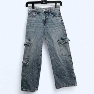 H&M Kids Blue Denim Rhinestone Cargo Jeans Wide Leg Sz 10 Y2K Loose Fit Street